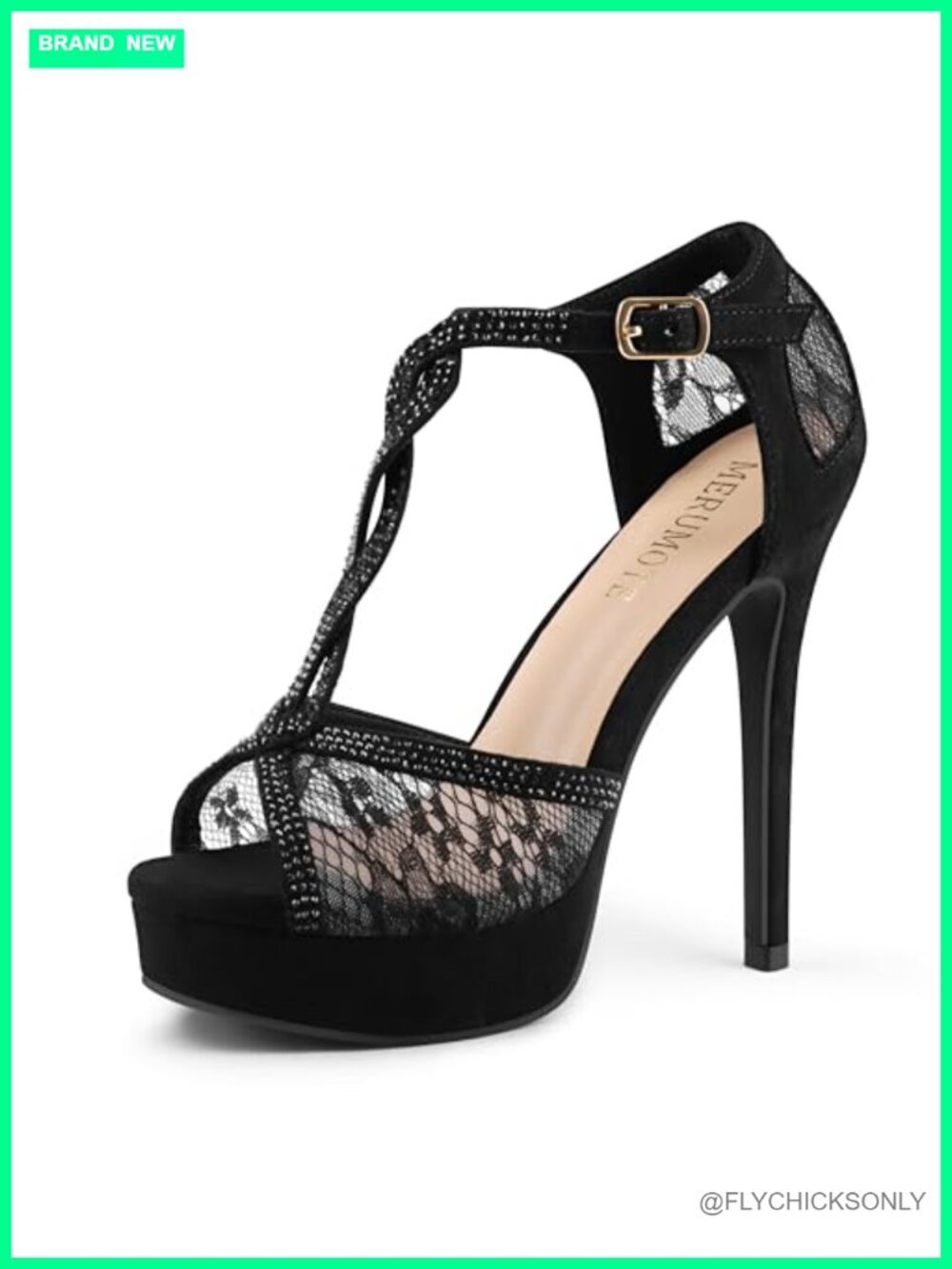Peep Toe Platform Stiletto Heels Rhinestone Lace Ankle Strap Sandals
